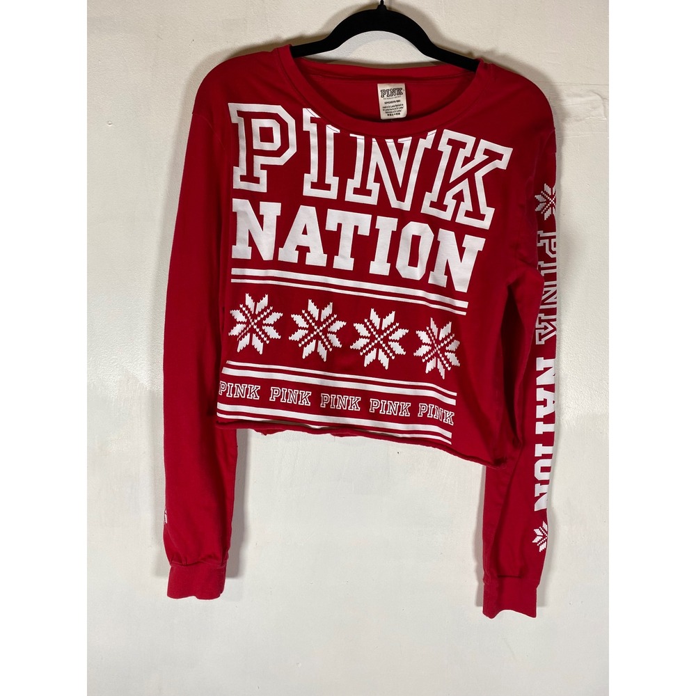 PINK Victoria's Secret Pink Nation Crop Tee Red Snowflake Logo Long Sleeve S